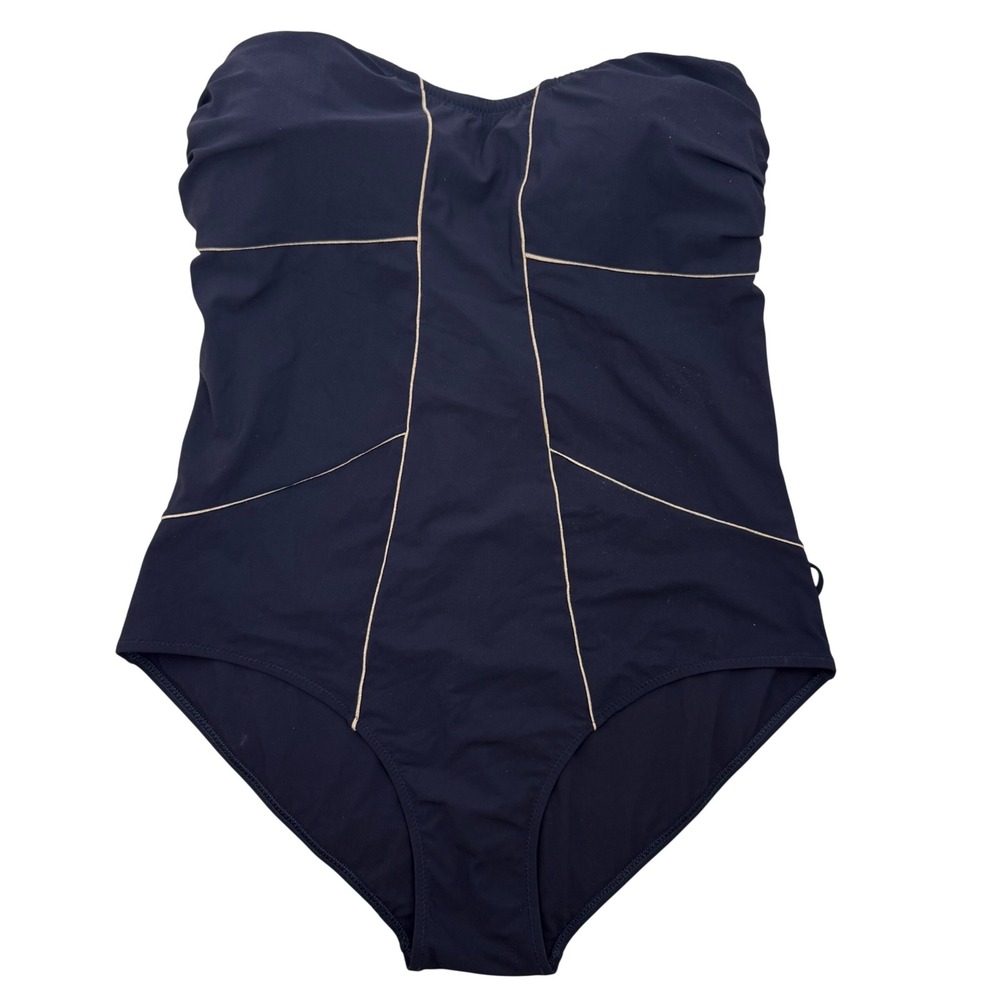 Valimare Strapless One Piece Swimsuit XL Navy Gold Piping Luxury Italian Resort